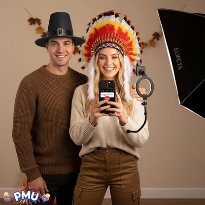 Thanksgiving Black Top Pilgrim Man Hat with Silver Buckle and Big Chief Feather Headdress Native American Indian Hat Party Costume Set for Men and Women