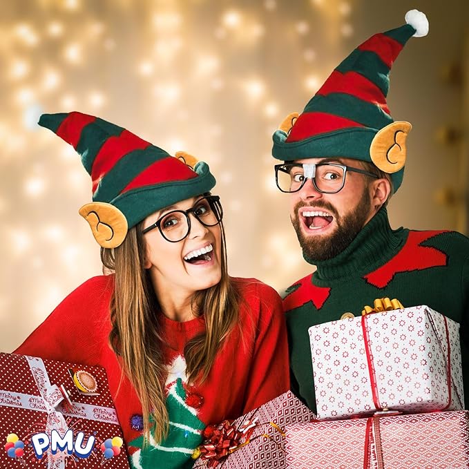 PMU Pc Christmas Elf Hat with Ears Felt Red/Green Stripes - Christmas Elf Outfit, Ugly Xmas Party Headwear