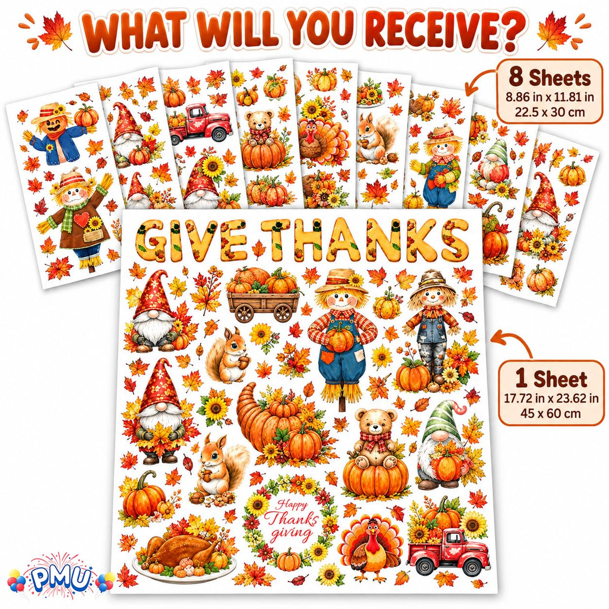 PMU Thanksgiving Wall Stickers, Fall Decals, Harvest Wall Decor