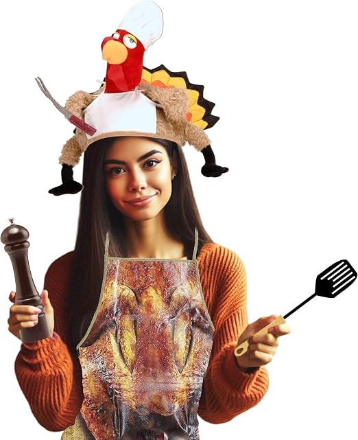PMU Thanksgiving Plush Chef Turkey Hat and Turkey Apron Set Party Costume Accessories (2/Pkg) Pkg/1