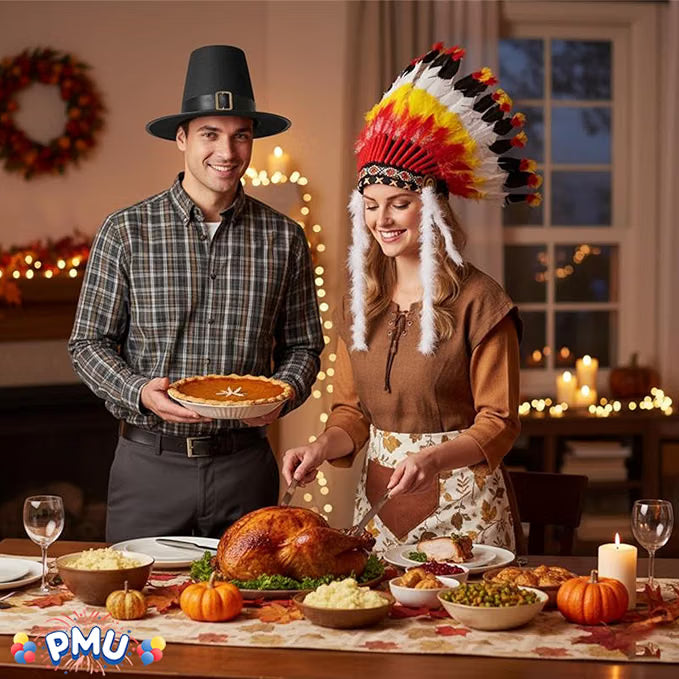 Thanksgiving Black Top Pilgrim Man Hat with Silver Buckle and Big Chief Feather Headdress Native American Indian Hat Party Costume Set for Men and Women