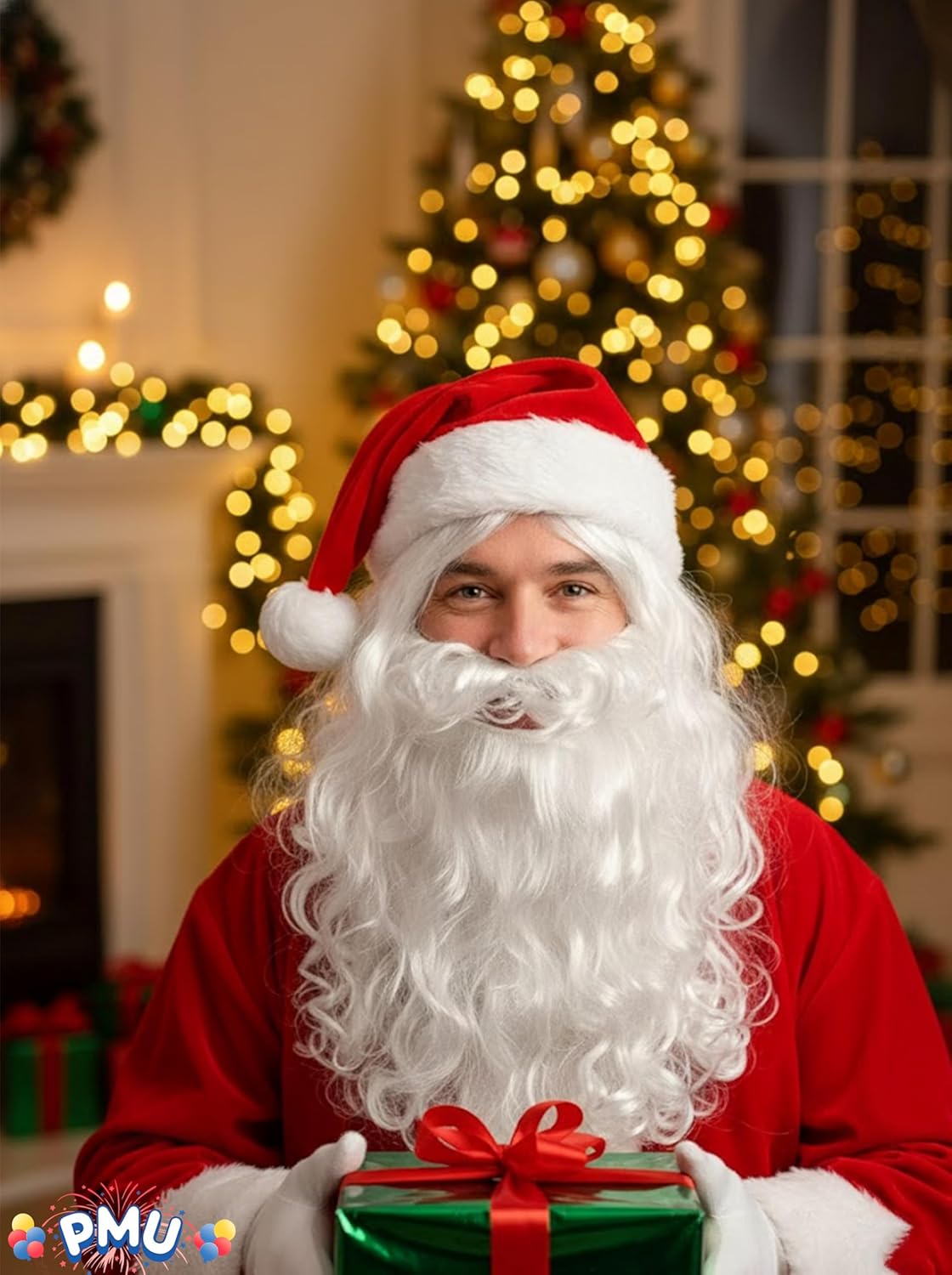 PMU Santa Wig Beard Sets Mens - Christmas Costume Accessories - Wig & Beard for Christmas Costumes, Plays, Festivals, Photo Shoots, Professional Quality- Props & Party Supplies - White Pkg/1