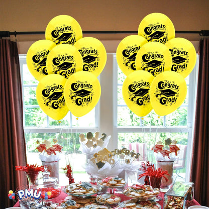 PMU Graduation Balloons | Premium Congrats Grad Balloon with All-Over Print Grad Caps-Confetti and Streamers | Graduation Party Supplies & Decorations | Latex Balloons