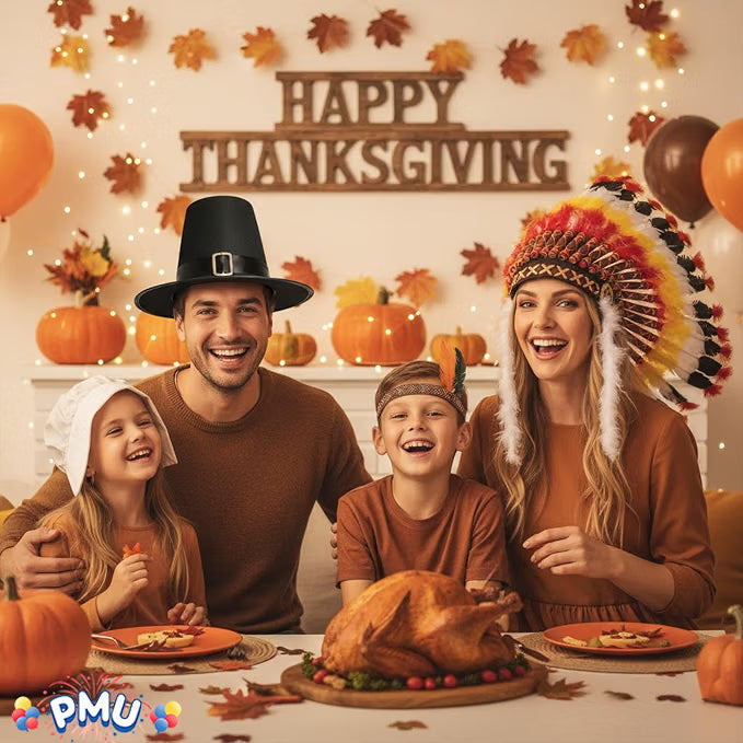 Thanksgiving Black Top Pilgrim Man Hat with Silver Buckle and Big Chief Feather Headdress Native American Indian Hat Party Costume Set for Men and Women