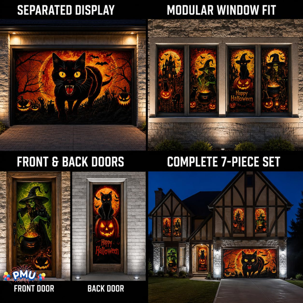 PMU 7 Set Halloween Garage Door Cover Set, 16x7ft, Window & Door Décor
