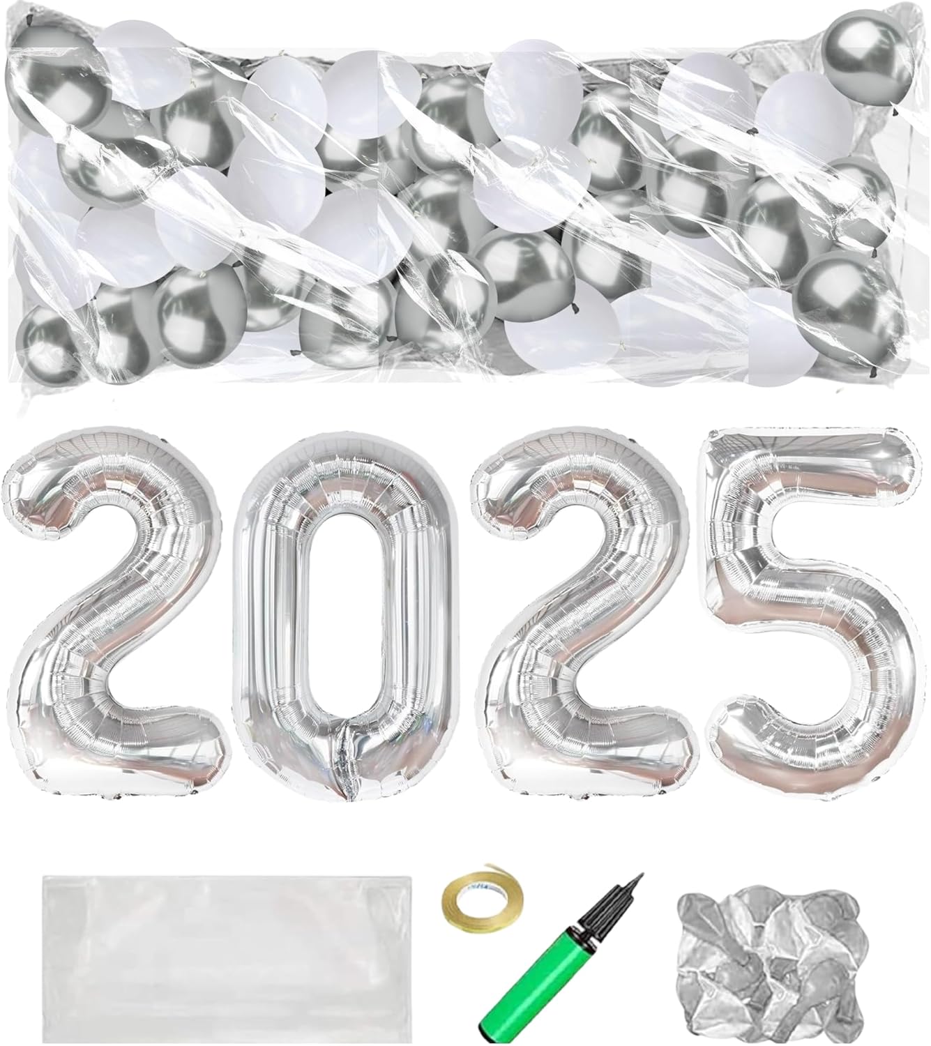 PMU New Year's Eve Party Balloon Drop Kit (100pcs Assorted 9in and 5in Balloons with Hand Pump) 4pcs "2025" 40in Gold Mylar Balloons 1 Set Assortment