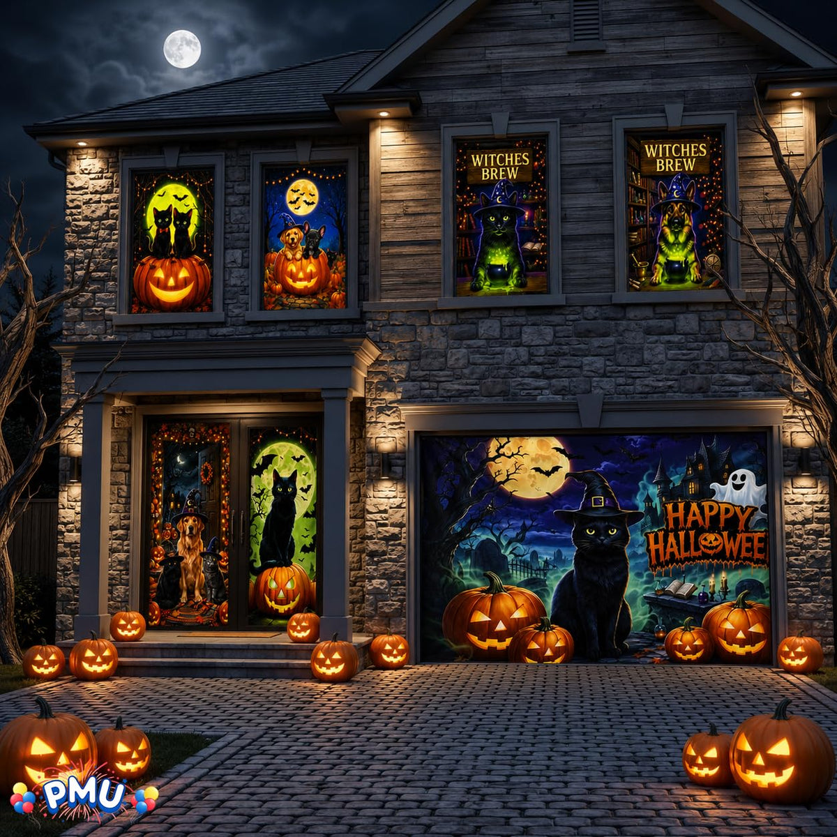 PMU 7 Set Halloween Garage Door Cover Set, 16x7ft, Window & Door Décor