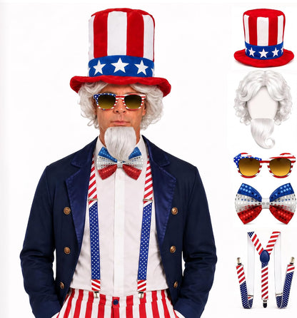 PMU Patriotic Accessories Set for 4th of July, Wig,Headband,Sunglasses,Suspender