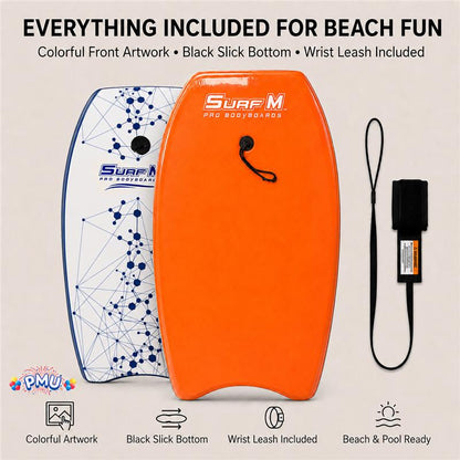 PMU 33 Inch Printed Bodyboard - Lightweight Wrist Leash Slick Bottom Boogie Board for Beach, Sea & Pool - Surfing Board for Kids, Teens & Adults Wave Conditions Pkg/1