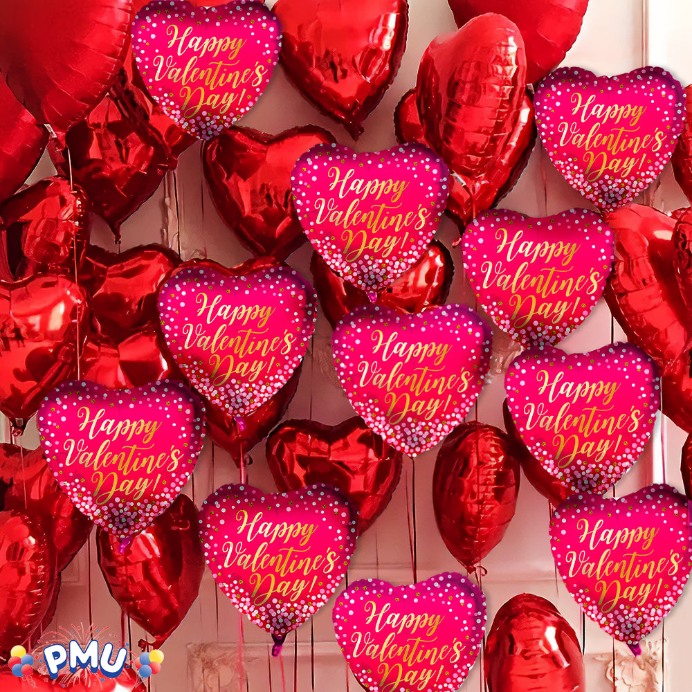 PMU Heart Shaped Happy Valentine's Day Balloons 18-Inch Mylar Idea Gift for Him or Her & Valentine Party Decorations