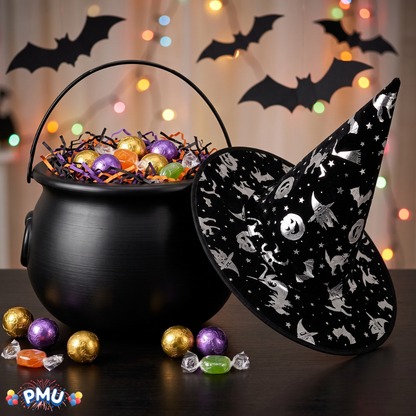 PMU 2 Pc Halloween Witch Cauldron Set – 8 Inch Black Cauldron Bowl & Witch Hat for Halloween Party Decorations, Tabletop & Home Décor