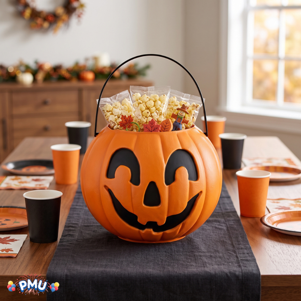 PMU Halloween Trick or Treat Jack-O-Lantern Carry Jack - Halloween Pumpkin Decorations - Candy Gift Basket for Kids - Pumpkin Bucket with Handles - 9 Inch w/Handle - Orange