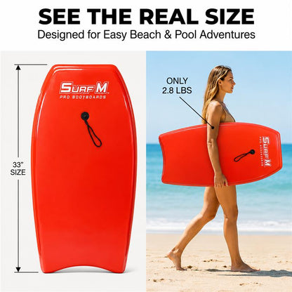 PMU 33 Inch Printed Bodyboard - Lightweight Wrist Leash Slick Bottom Boogie Board for Beach, Sea & Pool - Surfing Board for Kids, Teens & Adults Wave Conditions Pkg/1