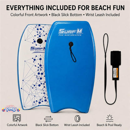 PMU 33 Inch Printed Bodyboard - Lightweight Wrist Leash Slick Bottom Boogie Board for Beach, Sea & Pool - Surfing Board for Kids, Teens & Adults Wave Conditions Pkg/1