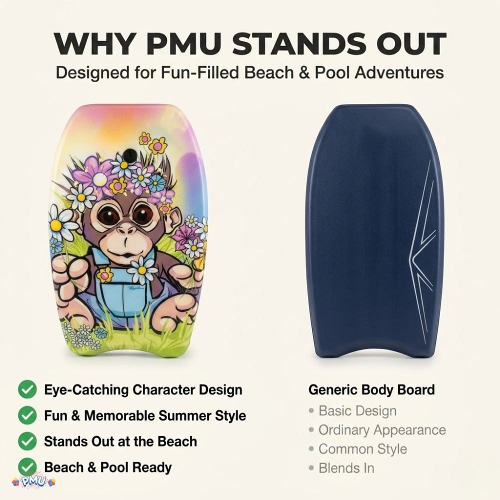 PMU 26 Inch Graphics Printed Bodyboard - Lightweight Wrist Leash Slick Bottom Boogie Board for Beach, Sea & Pool - Surfing Board for Kids, Teens & Adults Wave Conditions  Pkg/1