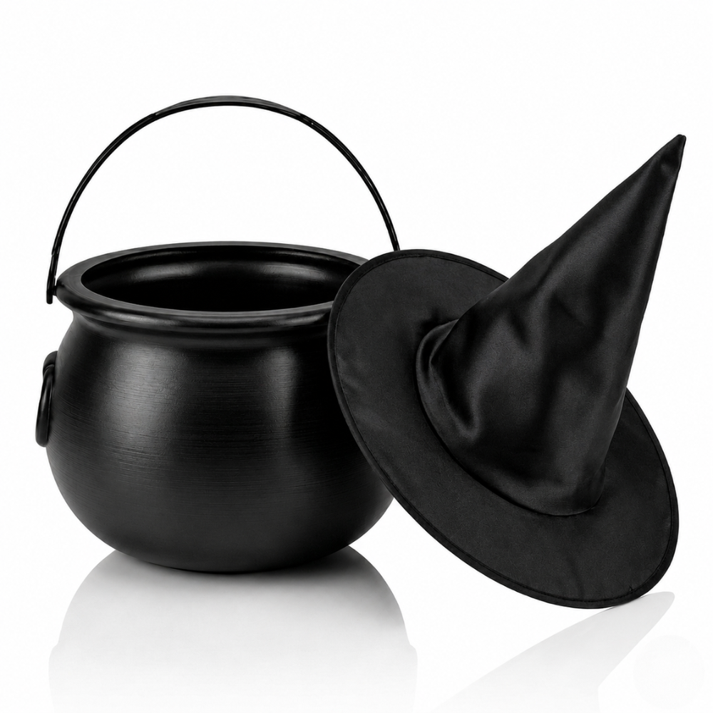 PMU 2 Pc Halloween Witch Cauldron Set – 8 Inch Black Cauldron Bowl & Witch Hat for Halloween Party Decorations, Tabletop & Home Décor