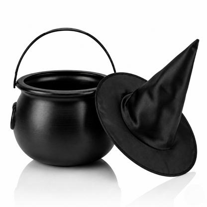 PMU 2 Pc Halloween Witch Cauldron Set – 8 Inch Black Cauldron Bowl & Witch Hat for Halloween Party Decorations, Tabletop & Home Décor