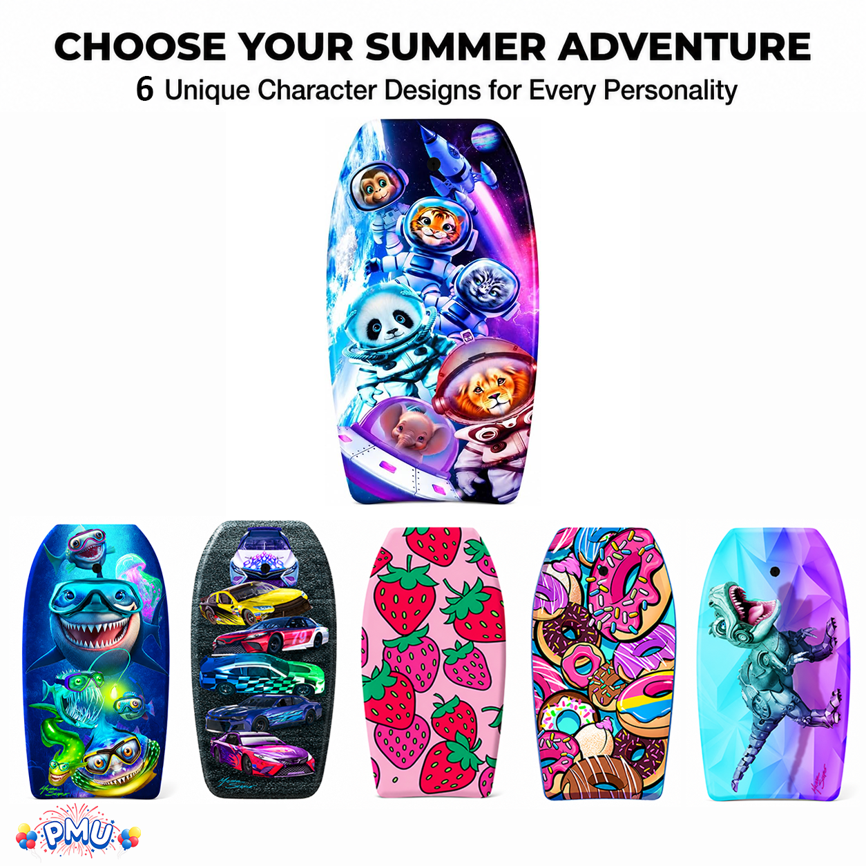 PMU 33 Inch Printed Bodyboard - Lightweight Wrist Leash Slick Bottom Boogie Board for Beach, Sea & Pool - Surfing Board for Kids, Teens & Adults Wave Conditions Pkg/1