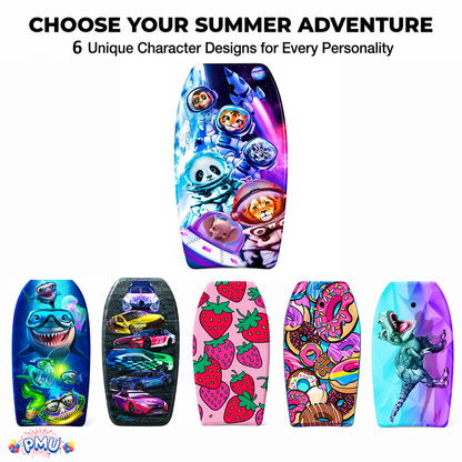PMU 33 Inch Printed Bodyboard - Lightweight Wrist Leash Slick Bottom Boogie Board for Beach, Sea & Pool - Surfing Board for Kids, Teens & Adults Wave Conditions Pkg/1