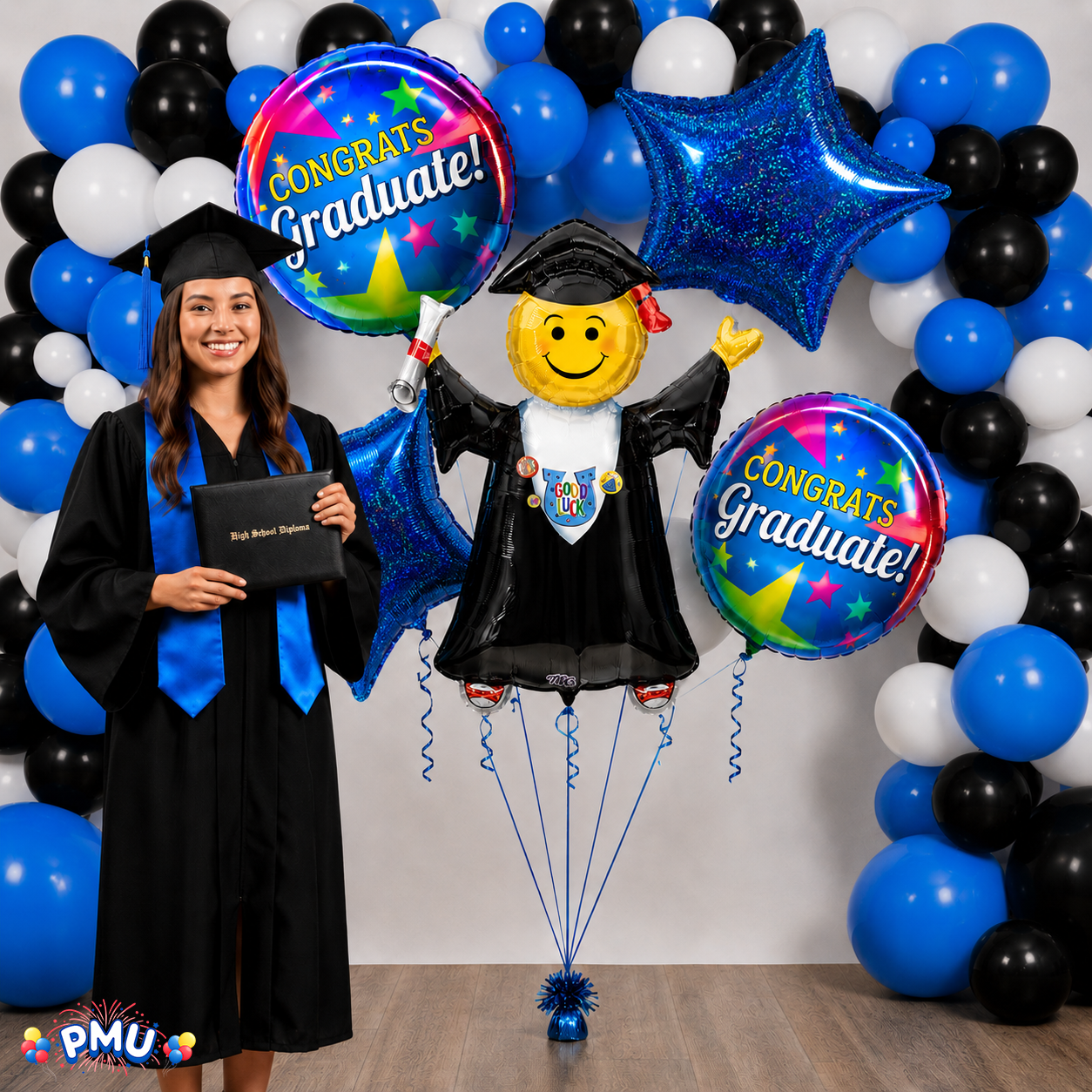 PMU Graduation Girl Jumping Smiley Grad Balloon Bouquet | Jumping Grad Mylar Balloons | Jump for Joy Graduation Smiley Grad Balloon | Grad Foil Balloons