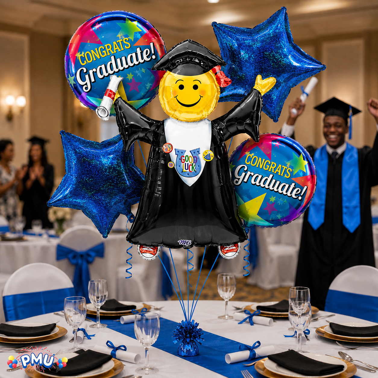 PMU Graduation Girl Jumping Smiley Grad Balloon Bouquet | Jumping Grad Mylar Balloons | Jump for Joy Graduation Smiley Grad Balloon | Grad Foil Balloons