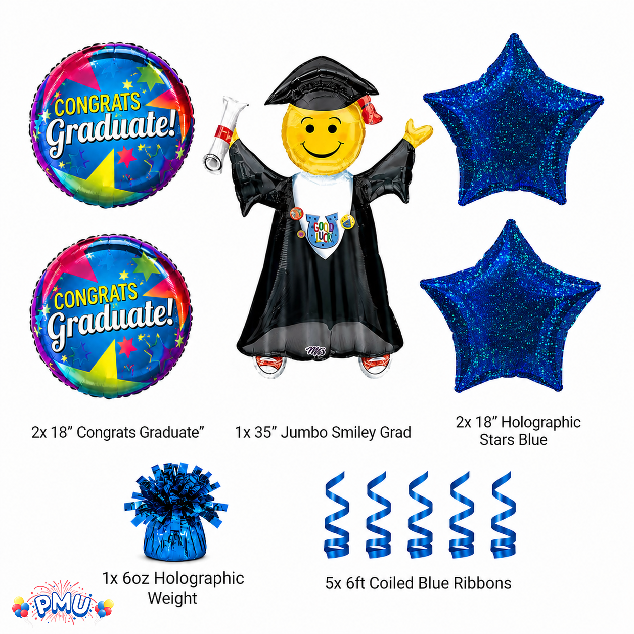 PMU Graduation Girl Jumping Smiley Grad Balloon Bouquet | Jumping Grad Mylar Balloons | Jump for Joy Graduation Smiley Grad Balloon | Grad Foil Balloons