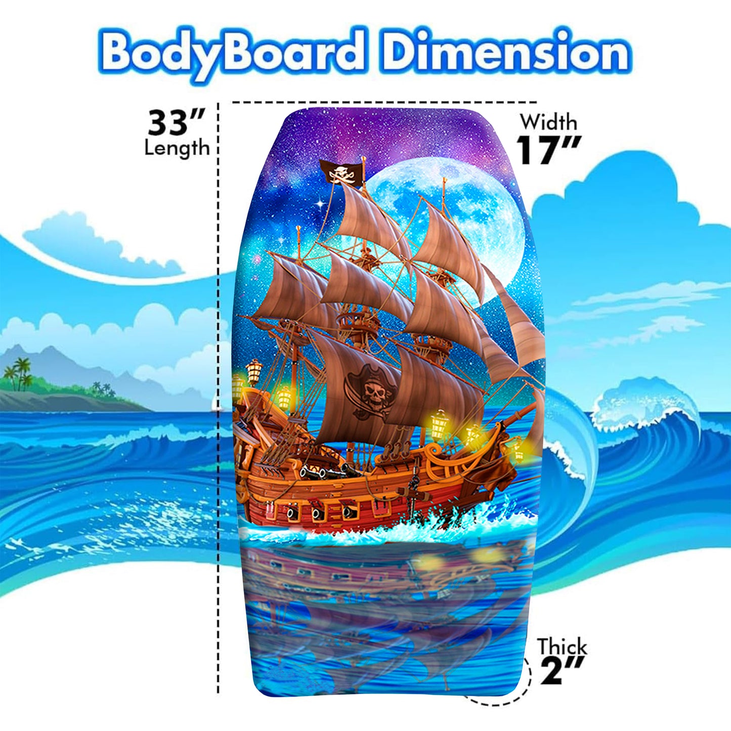 PMU 33-Inch Mermaid Graphics Printed Bodyboard - Lightweight Wrist Leash Slick Bottom Boogie Board for Beach, Sea & Pool - Surfing Board for Kids, Teens & Adults Pkg/1