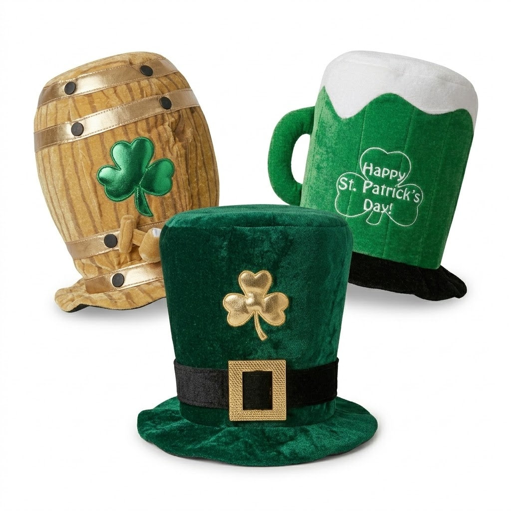 PMU 3-Pc St. Patrick’s Day Hat Bundle – Plush Leprechaun, Shamrock Beer Mug & Felt Shamrock Hat Wearable Costume