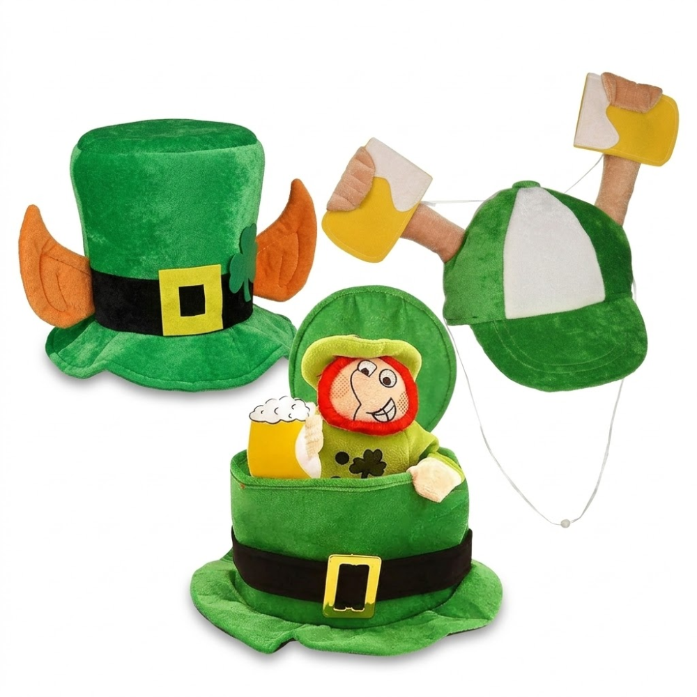 PMU 3-Pc St. Patrick’s Day Hat Bundle – Plush Leprechaun, Shamrock Beer Mug & Felt Shamrock Hat Wearable Costume