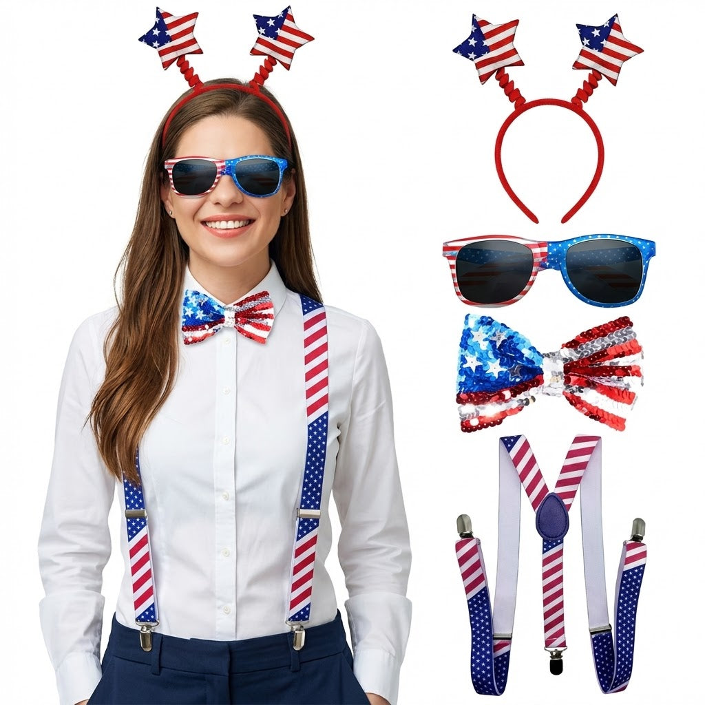 PMU Patriotic Accessories Set for 4th of July, Wig,Headband,Sunglasses,Suspender