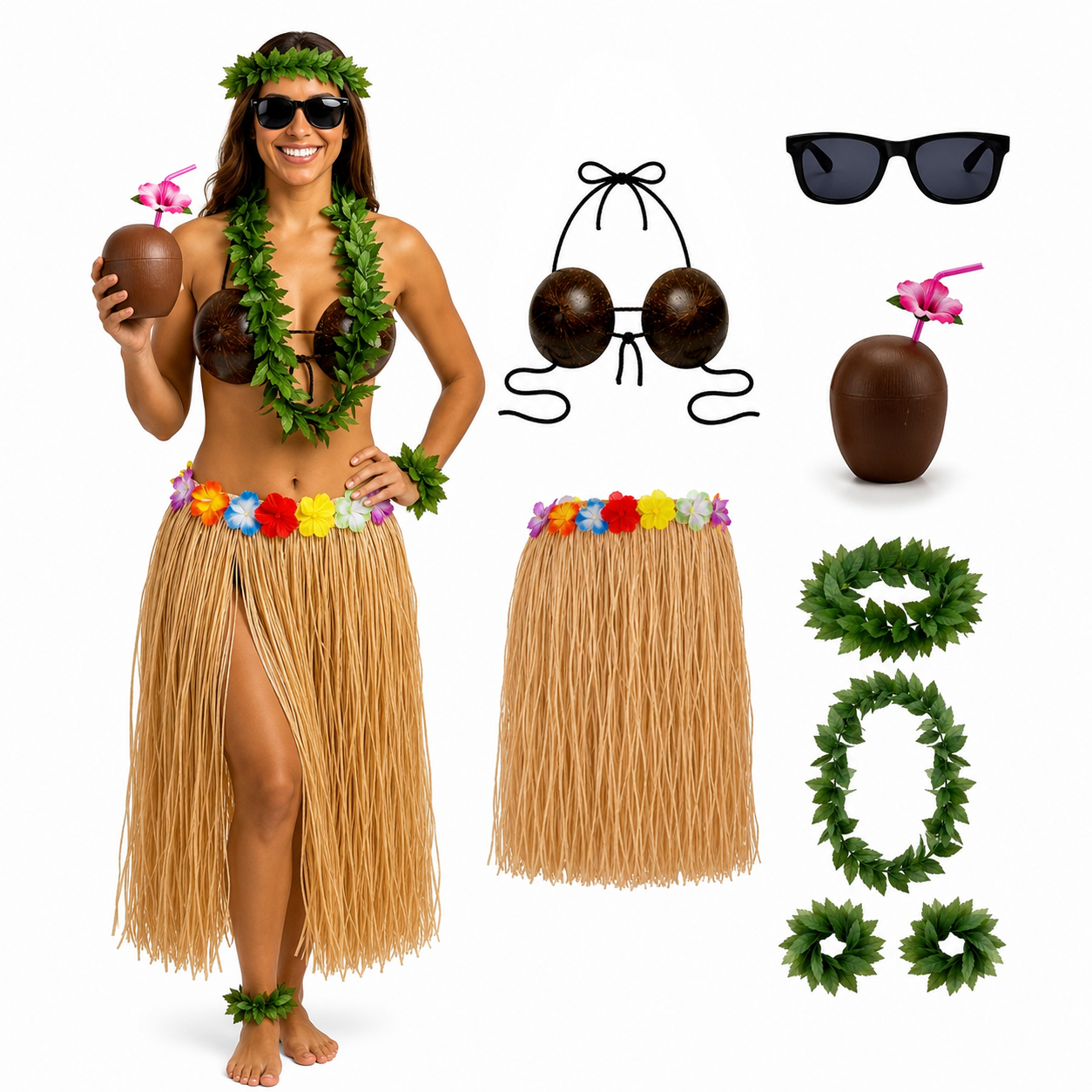 PMU 8 Pcs Hawaiian Luau Costume Set – Coconut Bikini Top, Grass Skirt, Lei &amp; Tropical Party Accessories for Luau, Beach &amp; Hula Parties