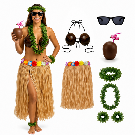 PMU 8 Pcs Hawaiian Luau Costume Set – Coconut Bikini Top, Grass Skirt, Lei &amp; Tropical Party Accessories for Luau, Beach &amp; Hula Parties