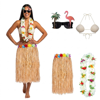PMU 8 Pcs Hawaiian Luau Costume Set – Coconut Bikini Top, Grass Skirt, Lei &amp; Tropical Party Accessories for Luau, Beach &amp; Hula Parties