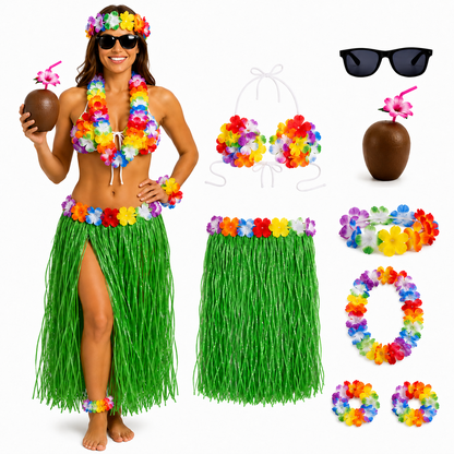 PMU 8 Pcs Hawaiian Luau Costume Set – Coconut Bikini Top, Grass Skirt, Lei &amp; Tropical Party Accessories for Luau, Beach &amp; Hula Parties