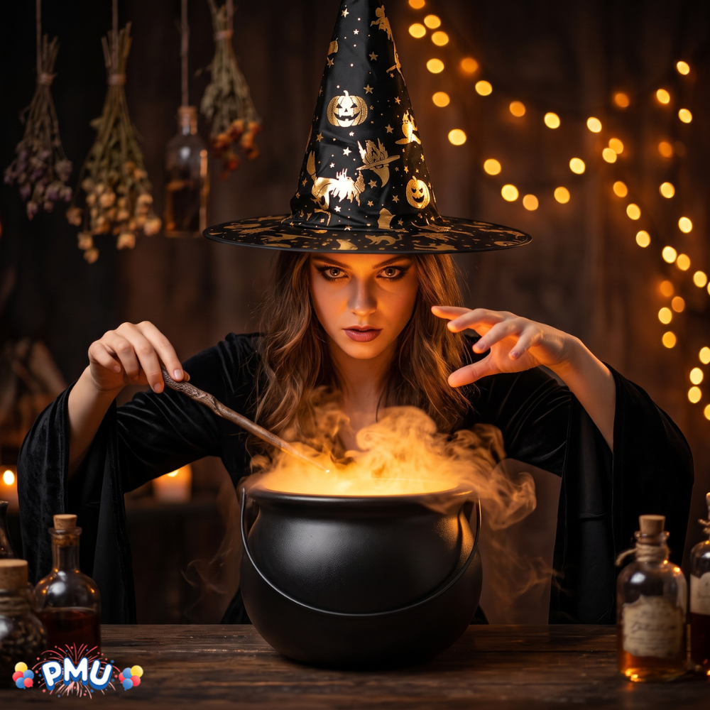 PMU 2 Pc Halloween Witch Cauldron Set – 8 Inch Black Cauldron Bowl & Witch Hat for Halloween Party Decorations, Tabletop & Home Décor