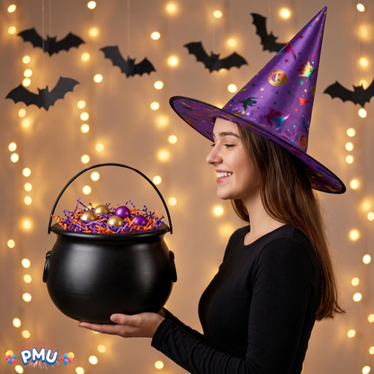 PMU 2 Pc Halloween Witch Cauldron Set – 8 Inch Black Cauldron Bowl & Witch Hat for Halloween Party Decorations, Tabletop & Home Décor