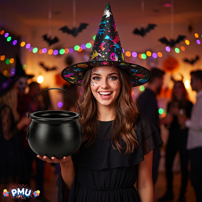 PMU 2 Pc Halloween Witch Cauldron Set – 8 Inch Black Cauldron Bowl & Witch Hat for Halloween Party Decorations, Tabletop & Home Décor