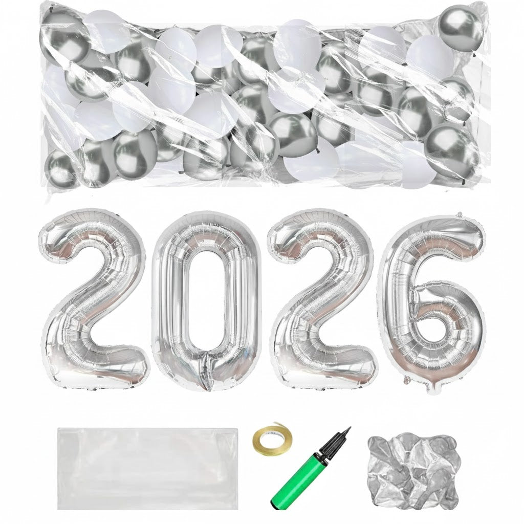 PMU New Year's Eve Party Balloon Drop Kit (100pcs Assorted 9in and 5in Balloons with Hand Pump) 4pcs "2026" 40in Gold Mylar Balloons 1 Set Assortment