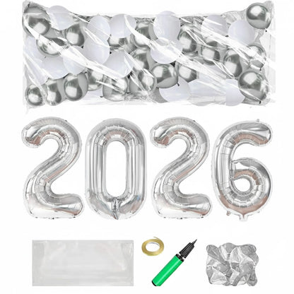 PMU New Year's Eve Party Balloon Drop Kit (100pcs Assorted 9in and 5in Balloons with Hand Pump) 4pcs "2026" 40in Gold Mylar Balloons 1 Set Assortment