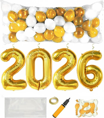 PMU New Year's Eve Party Balloon Drop Kit (100pcs Assorted 9in and 5in Balloons with Hand Pump) 4pcs "2026" 40in Gold Mylar Balloons 1 Set Assortment