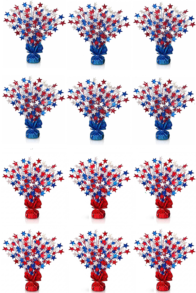 PMU Star Metallic Foil Spray Centerpiece Red White & Blue Patriotic Balloon Weights, 4th of July Decorations 15in / 7.34cm