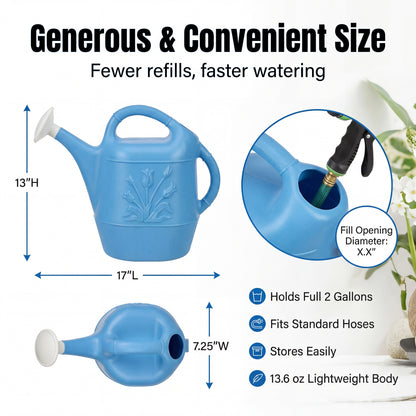 PMU 2 Gallon Watering Can - Garden Watering Can for Indoor & Outdoor Plants - Plastic Water Can with Detachable Sprinkler Head - Large Water Pot, Made in USA