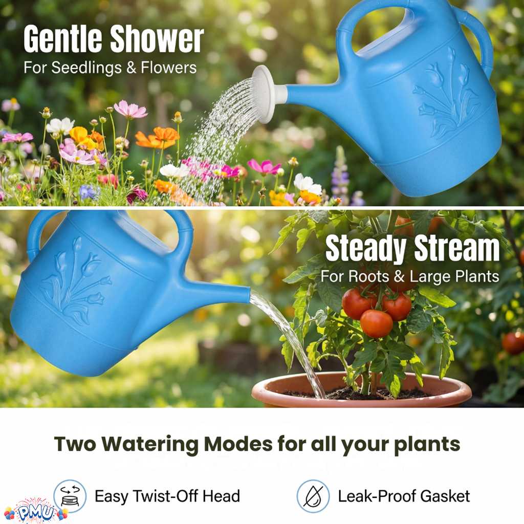 PMU 2 Gallon Watering Can - Garden Watering Can for Indoor & Outdoor Plants - Plastic Water Can with Detachable Sprinkler Head - Large Water Pot, Made in USA