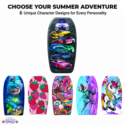 PMU 33 Inch Printed Bodyboard - Lightweight Wrist Leash Slick Bottom Boogie Board for Beach, Sea & Pool - Surfing Board for Kids, Teens & Adults Wave Conditions Pkg/1