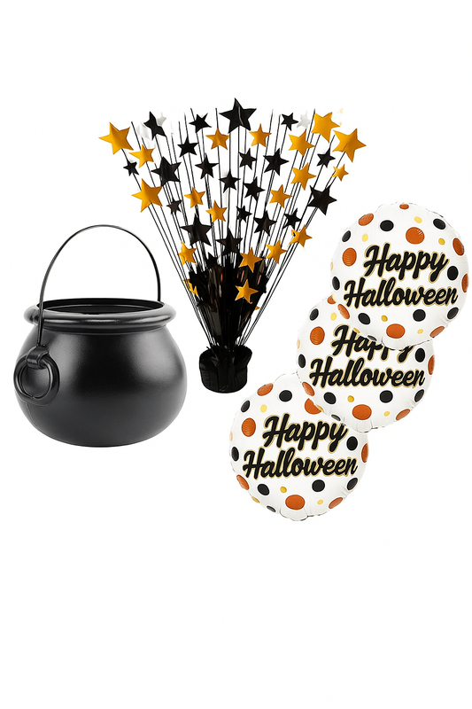 PMU Halloween Bundle - 1pc 6in Cauldon with 1pc Halloween Black/Orange Starburst Centerpiece with 3pcs 18in Mylar Balloons - Halloween Party Favors & Supplies