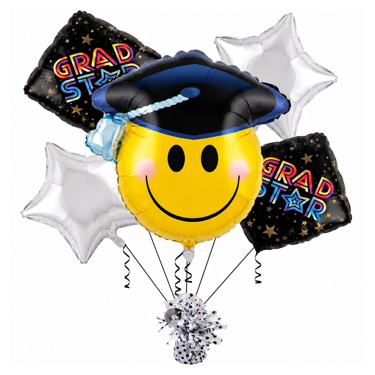 PMU Graduation Smiley Face Balloon Bouquet – Mylar Balloons for Graduation Party Decorations