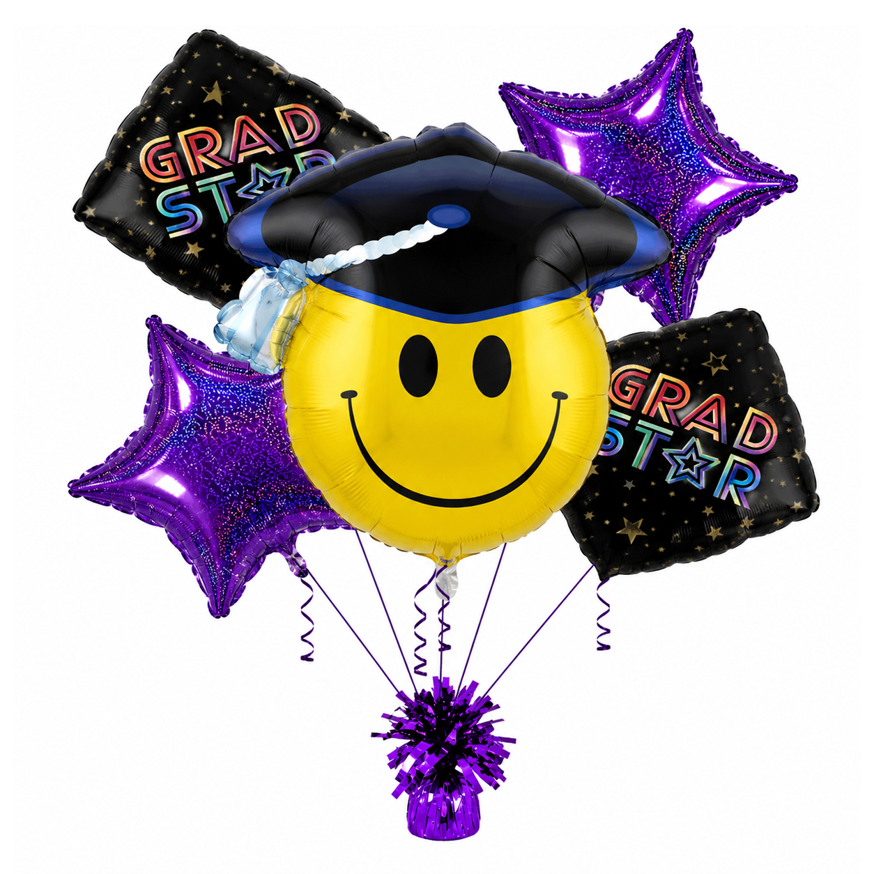 PMU Graduation Smiley Face Balloon Bouquet – Mylar Balloons for Graduation Party Decorations