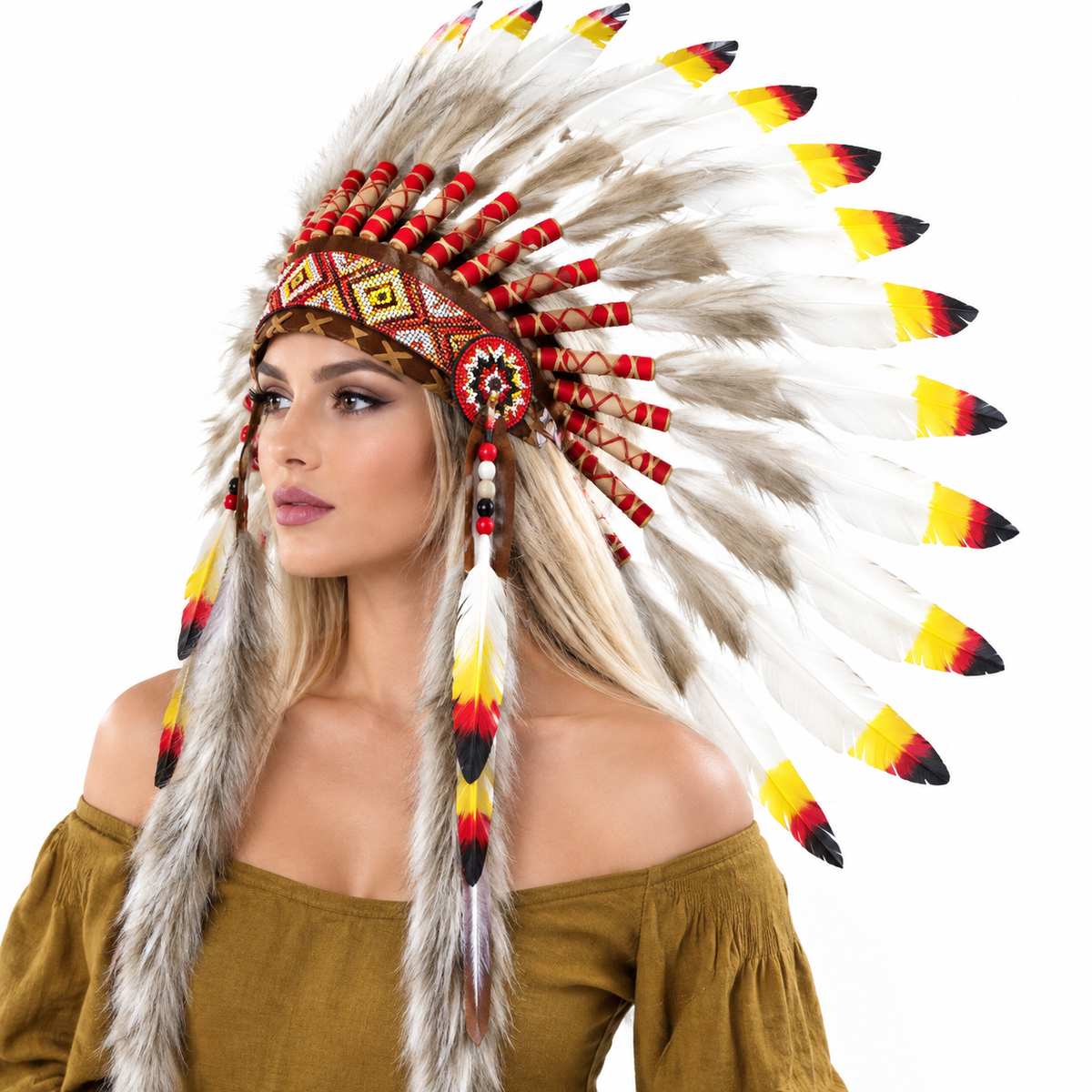 PMU Native American Tribal Chief Feather Headdress Costume Headpiece Hat