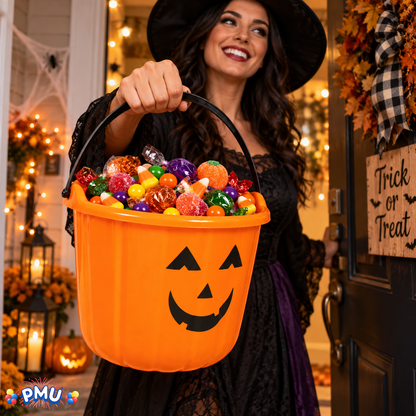 PMU Halloween Jack-O-Lantern Trick or Treat Pail Bucket - Candy Gift Basket for Kids - Pumpkin Plastic Buckets with Handle - Perfect Halloween Décor - 9 Inch