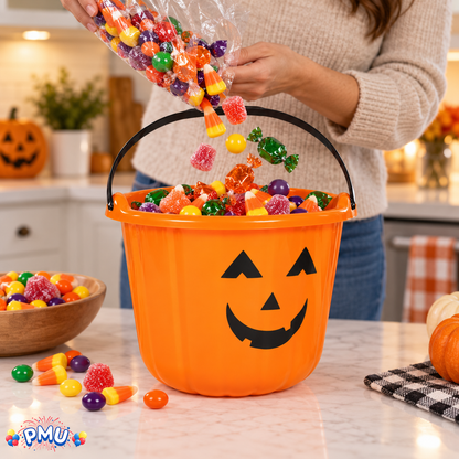 PMU Halloween Jack-O-Lantern Trick or Treat Pail Bucket - Candy Gift Basket for Kids - Pumpkin Plastic Buckets with Handle - Perfect Halloween Décor - 9 Inch